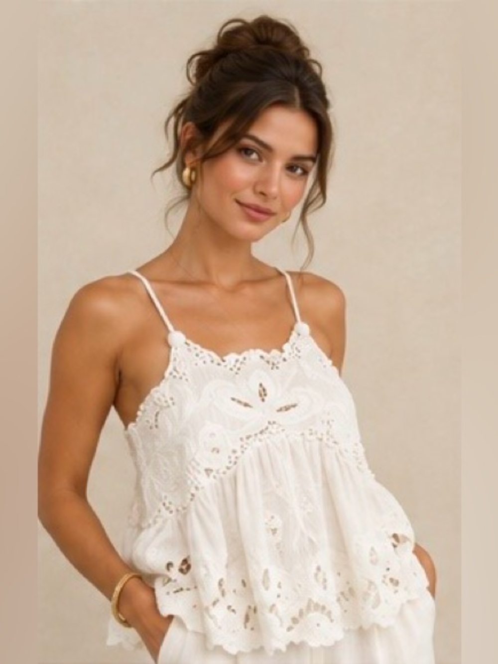 Sea New York Ivory Embroidered Boho Halter Racerback Flowy Swing Cami Blouse XXS